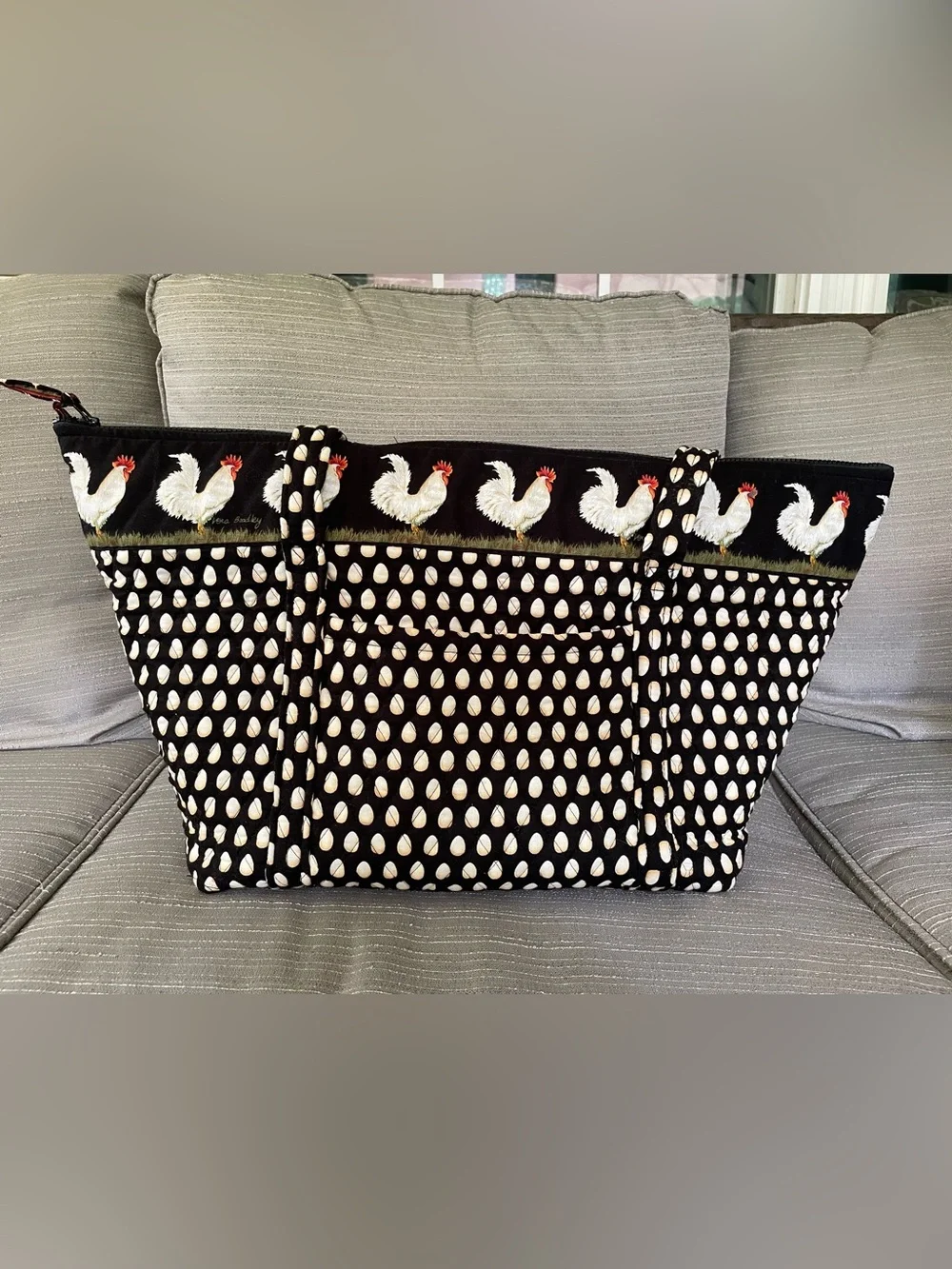 Vera Bradley Black Tote with White Egg-Dot and Rooster Motif
